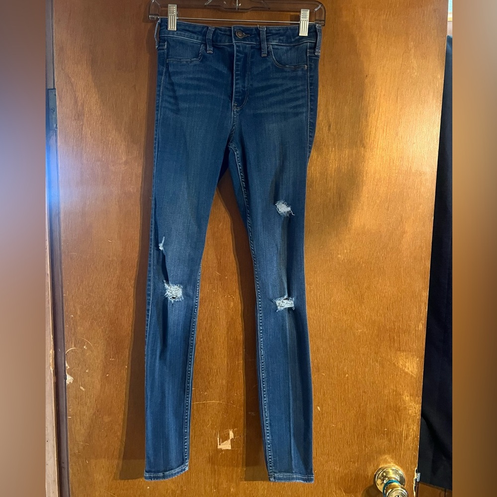 Hollister Women's Ripped Skinny Jeans - Dark Blue